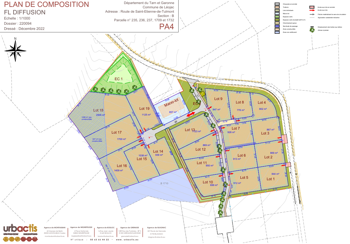 Plan de composition du lotissement à Léojac sur la Route de Saint‑Étienne‑de‑Tulmont montrant les parcelles disponibles