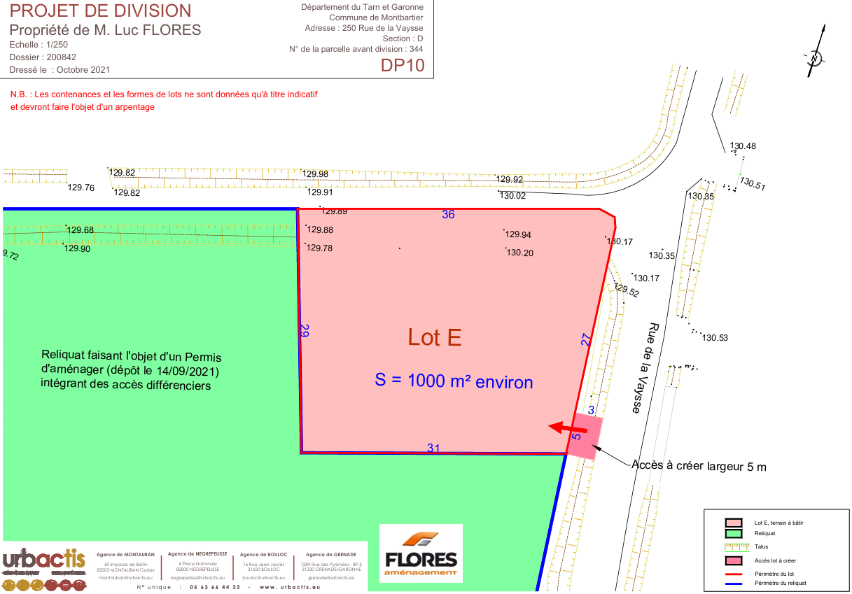 Plan de composition du lotissement au 250 Rue de la Vaysse à Montbartier montrant le terrain disponible