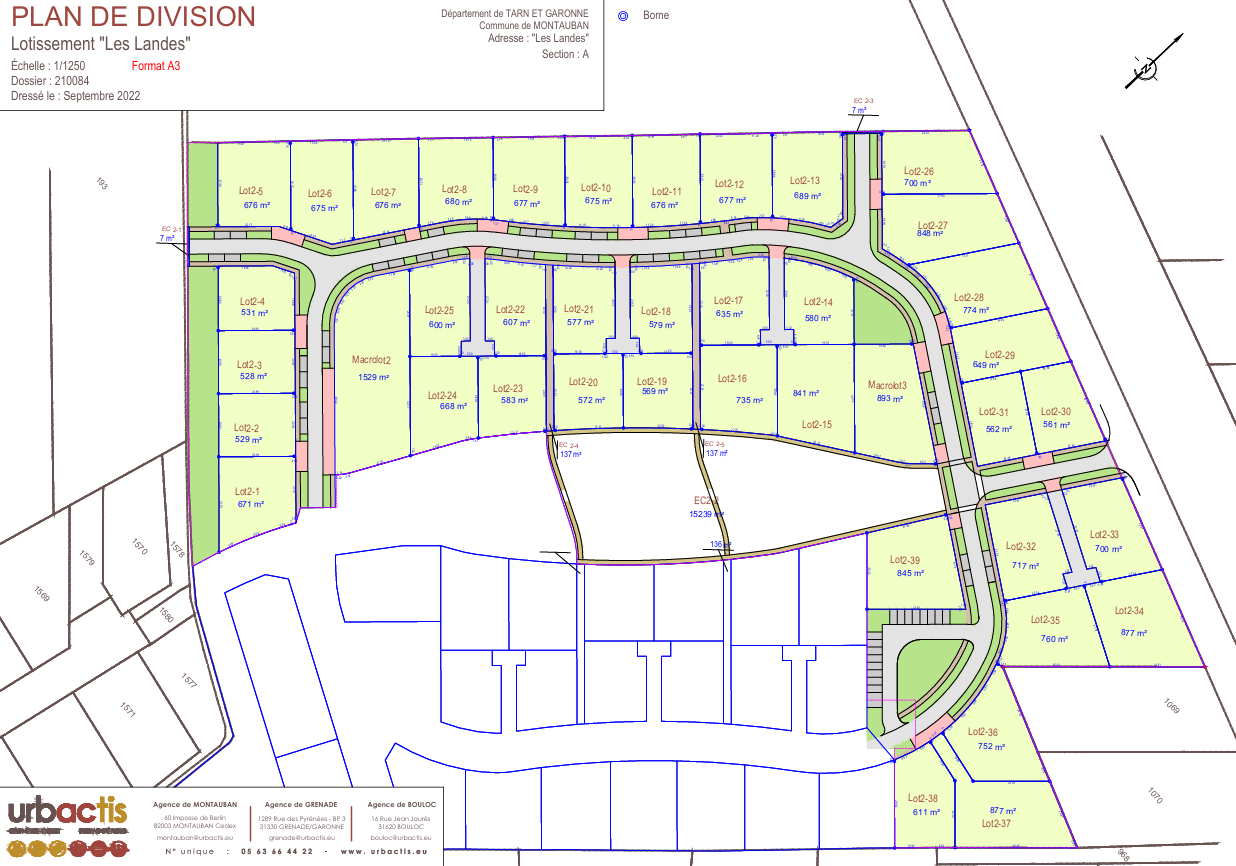 Plan de division des lots du lotissement Les Landes à Montbeton montrant les parcelles disponibles