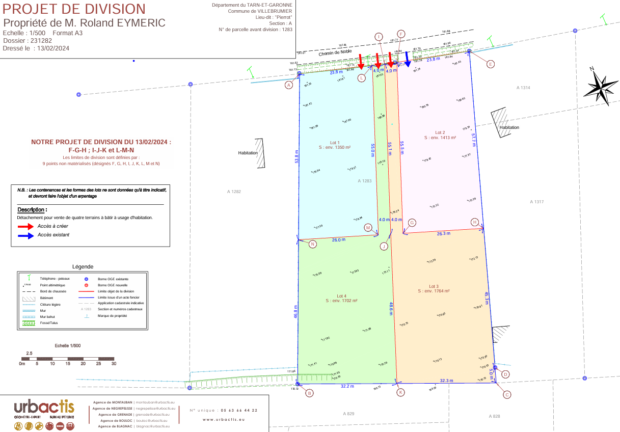 Plan de division des lots du lieu-dit Pierrot à Villebrumier montrant les terrains disponibles