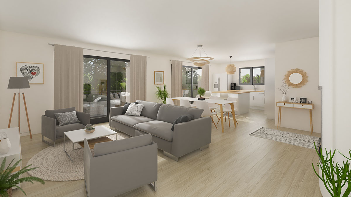 Salon lumineux avec grandes baies vitrées dans une maison Gamme Majestueuse